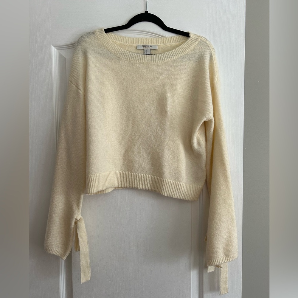 Forever 21 Cream Cropped Scoop Neck Sweater with Sleeve Ties